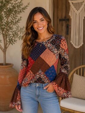 Patchwork Bell Sleeve Blouse - Brown Multi